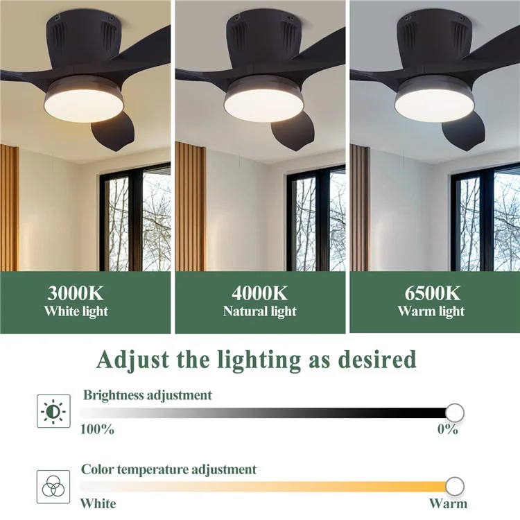 LEC016 Luminária de Ventilador com 3 Velocidades, Luz de Teto Regulável para Sala de Estar / Sala de Jantar, Pás na Cor Sólida - Preto