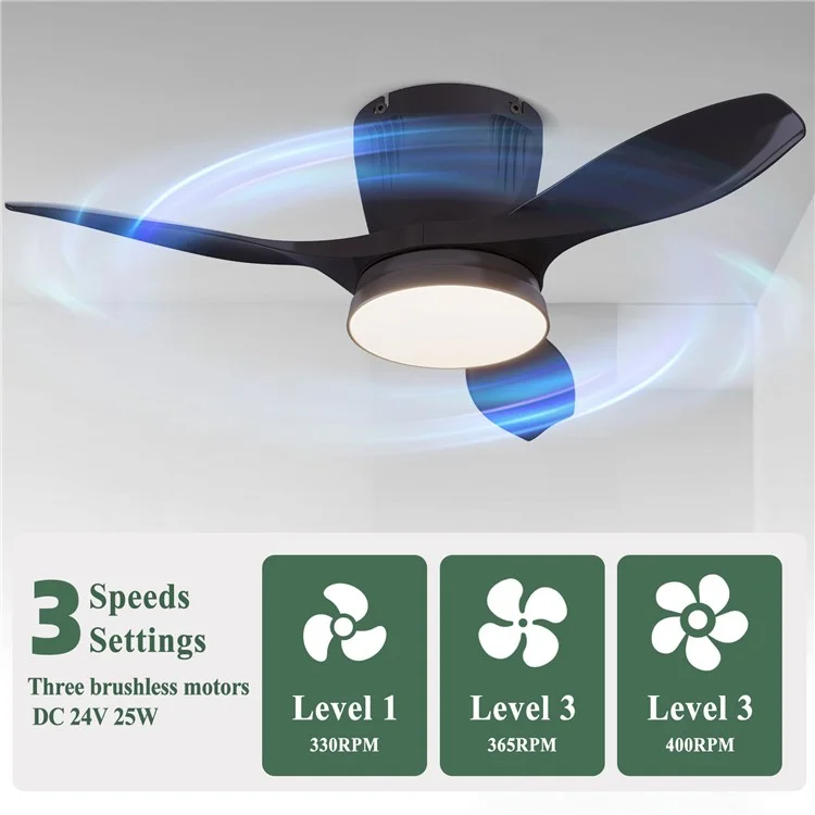 LEC016 Luminária de Ventilador com 3 Velocidades, Luz de Teto Regulável para Sala de Estar / Sala de Jantar, Pás na Cor Sólida - Preto