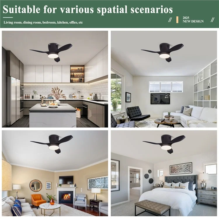 LEC016 Luminária de Ventilador com 3 Velocidades, Luz de Teto Regulável para Sala de Estar / Sala de Jantar, Pás na Cor Sólida - Preto
