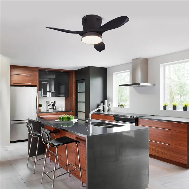 LEC016 Luminária de Ventilador com 3 Velocidades, Luz de Teto Regulável para Sala de Estar / Sala de Jantar, Pás na Cor Sólida - Preto