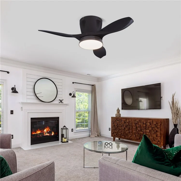 LEC016 Luminária de Ventilador com 3 Velocidades, Luz de Teto Regulável para Sala de Estar / Sala de Jantar, Pás na Cor Sólida - Preto