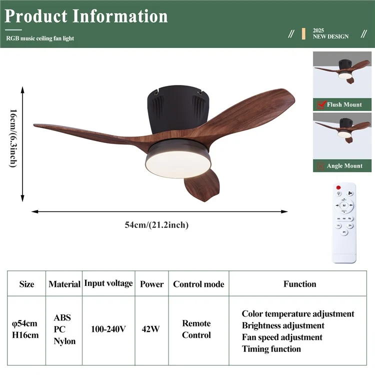 LEC016 Ventilador de Teto com Luminária de 3 Velocidades, Regulável, para Sala de Estar / Sala de Jantar, Pás com Acabamento de Madeira - Preto