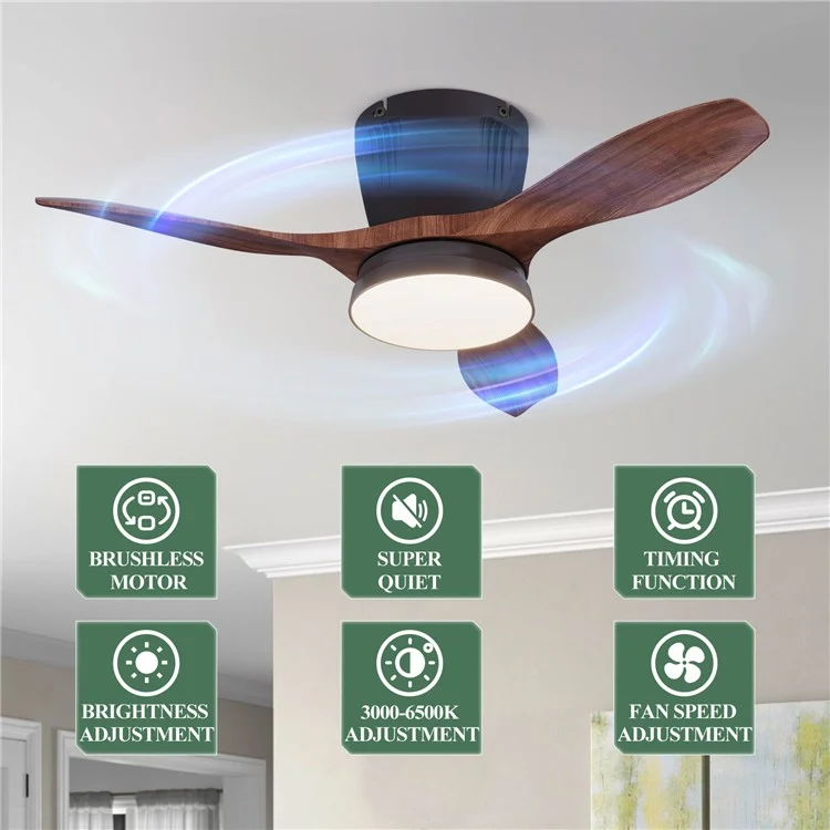 LEC016 Ventilador de Teto com Luminária de 3 Velocidades, Regulável, para Sala de Estar / Sala de Jantar, Pás com Acabamento de Madeira - Preto