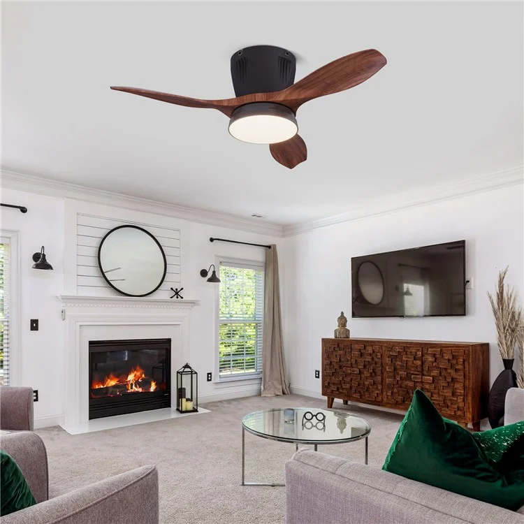 LEC016 Ventilador de Teto com Luminária de 3 Velocidades, Regulável, para Sala de Estar / Sala de Jantar, Pás com Acabamento de Madeira - Preto