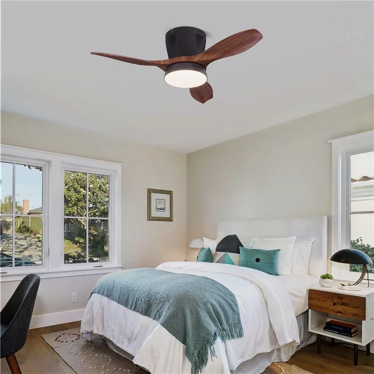 LEC016 Ventilador de Teto com Luminária de 3 Velocidades, Regulável, para Sala de Estar / Sala de Jantar, Pás com Acabamento de Madeira - Preto