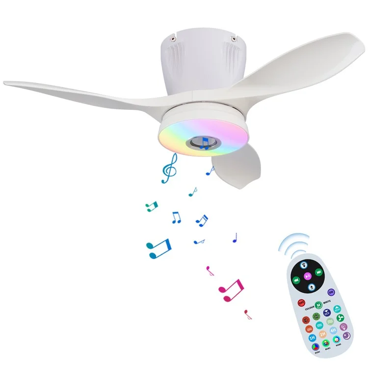 LEC016R RGB Dimmable Ceiling Light 3 Speeds Adjustable Fan Lamp with Bluetooth-Compatible Speaker, Solid Color Blades - White