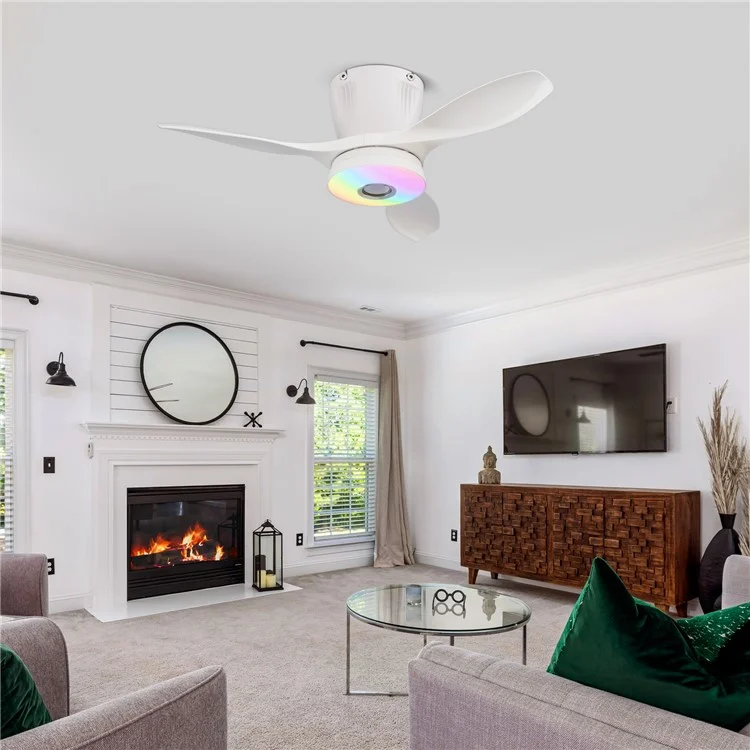 LEC016R RGB Dimmable Ceiling Light 3 Speeds Adjustable Fan Lamp with Bluetooth-Compatible Speaker, Solid Color Blades - White