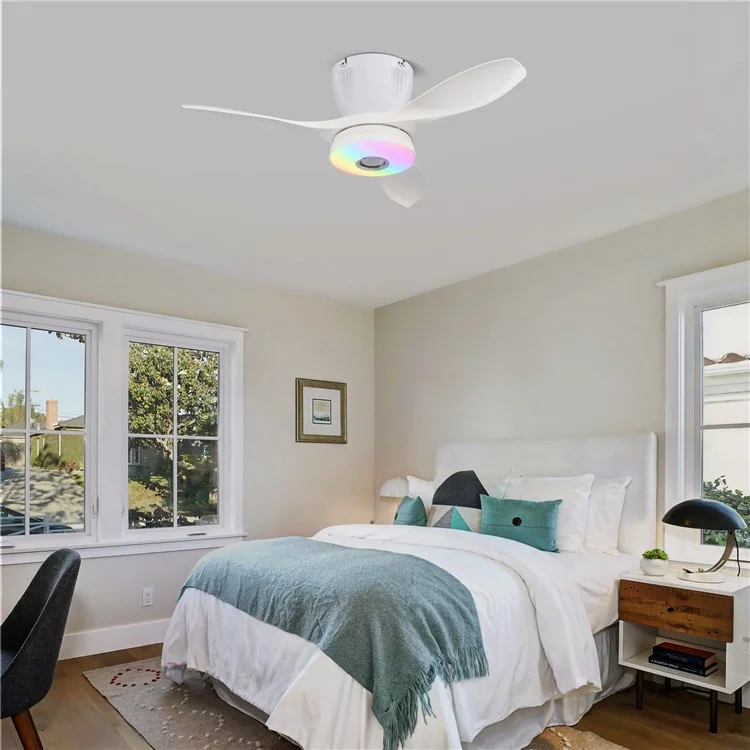 LEC016R RGB Dimmable Ceiling Light 3 Speeds Adjustable Fan Lamp with Bluetooth-Compatible Speaker, Solid Color Blades - White