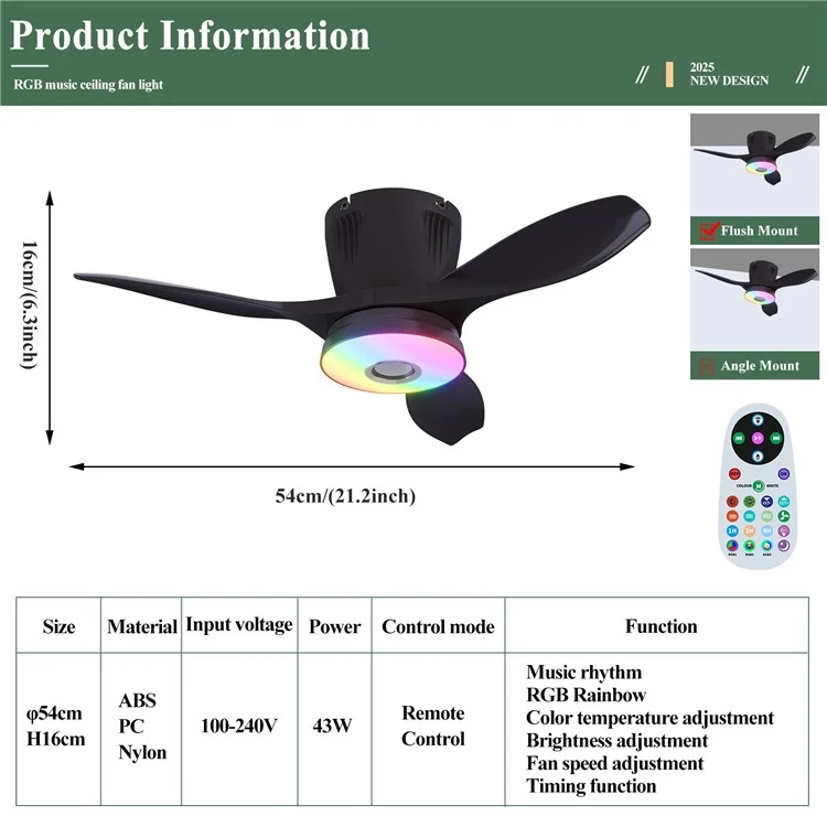 LEC016R RGB Dimmable Ceiling Light 3 Speeds Adjustable Fan Lamp with Bluetooth-Compatible Speaker, Solid Color Blades - White