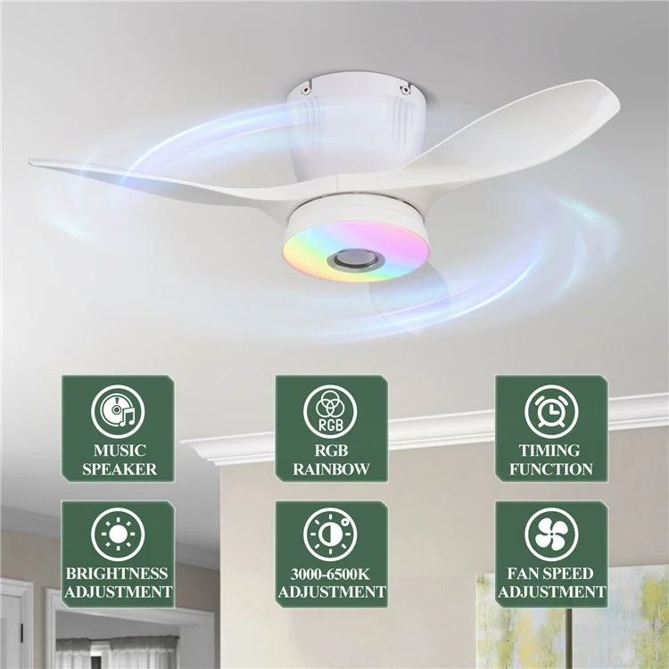 LEC016R RGB Dimmable Ceiling Light 3 Speeds Adjustable Fan Lamp with Bluetooth-Compatible Speaker, Solid Color Blades - White