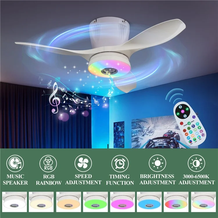 LEC016R RGB Dimmable Ceiling Light 3 Speeds Adjustable Fan Lamp with Bluetooth-Compatible Speaker, Solid Color Blades - White
