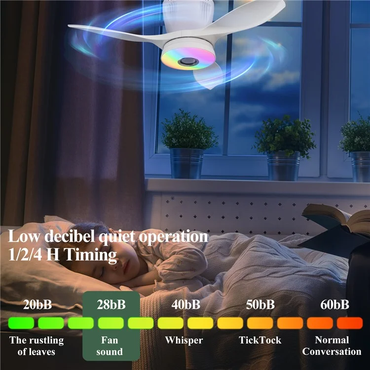 LEC016R RGB Dimmable Ceiling Light 3 Speeds Adjustable Fan Lamp with Bluetooth-Compatible Speaker, Solid Color Blades - White