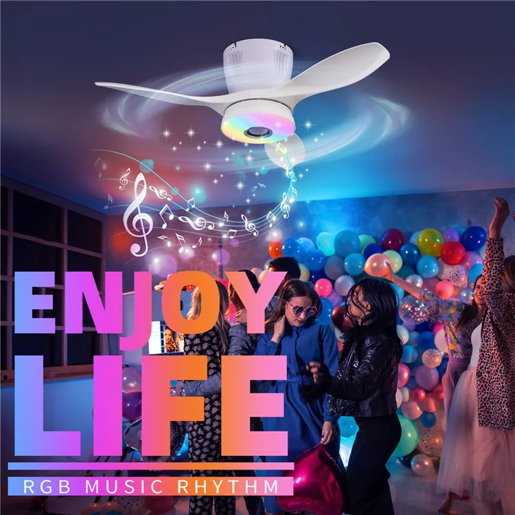 LEC016R RGB Dimmable Ceiling Light 3 Speeds Adjustable Fan Lamp with Bluetooth-Compatible Speaker, Solid Color Blades - White