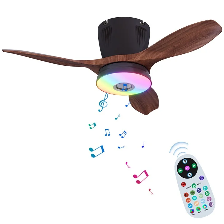 LEC016R RGB Dimmable Ceiling Light 3 Speeds Adjustable Fan Lamp with Bluetooth-Compatible Speaker, Wood Grain Blade - Black