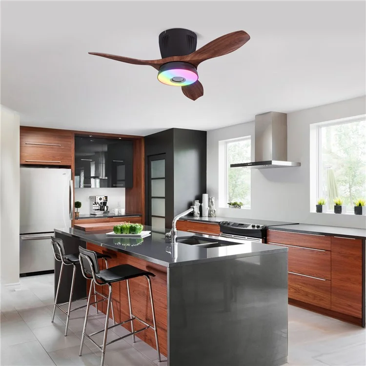 LEC016R RGB Dimmable Ceiling Light 3 Speeds Adjustable Fan Lamp with Bluetooth-Compatible Speaker, Wood Grain Blade - Black