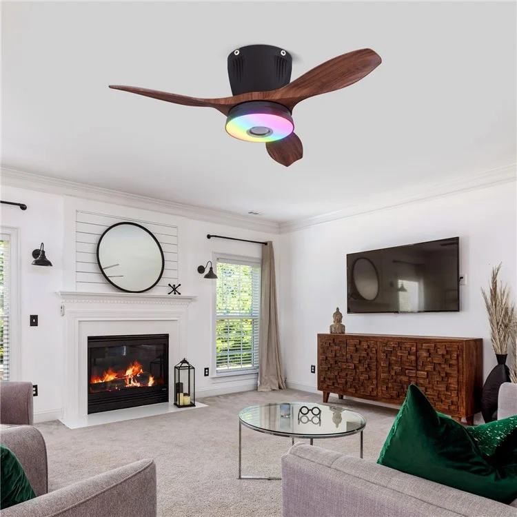 LEC016R RGB Dimmable Ceiling Light 3 Speeds Adjustable Fan Lamp with Bluetooth-Compatible Speaker, Wood Grain Blade - Black