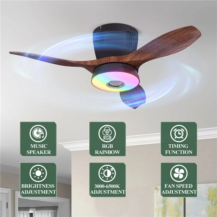 LEC016R RGB Dimmable Ceiling Light 3 Speeds Adjustable Fan Lamp with Bluetooth-Compatible Speaker, Wood Grain Blade - Black