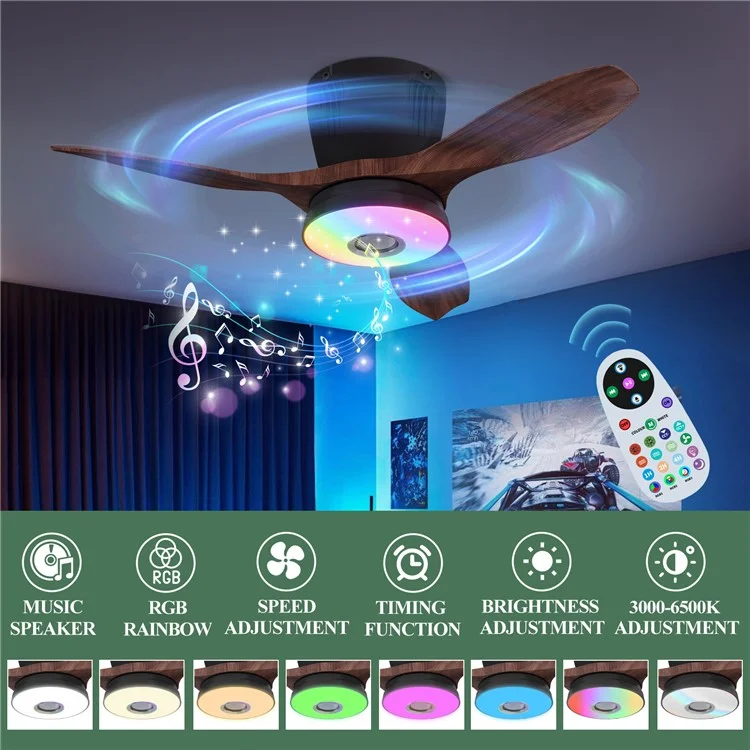 LEC016R RGB Dimmable Ceiling Light 3 Speeds Adjustable Fan Lamp with Bluetooth-Compatible Speaker, Wood Grain Blade - Black