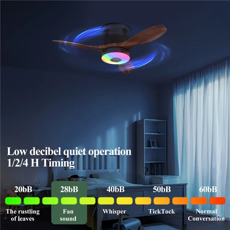 LEC016R RGB Dimmable Ceiling Light 3 Speeds Adjustable Fan Lamp with Bluetooth-Compatible Speaker, Wood Grain Blade - Black