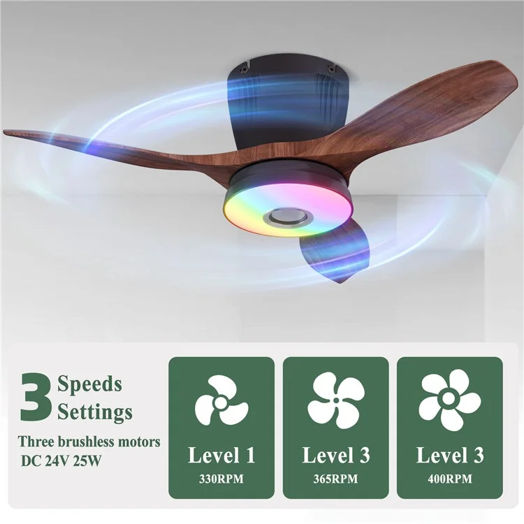 LEC016R RGB Dimmable Ceiling Light 3 Speeds Adjustable Fan Lamp with Bluetooth-Compatible Speaker, Wood Grain Blade - Black