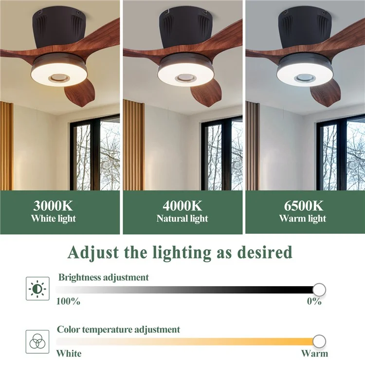 LEC016R RGB Dimmable Ceiling Light 3 Speeds Adjustable Fan Lamp with Bluetooth-Compatible Speaker, Wood Grain Blade - Black