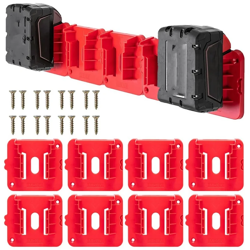 RIS-M-1 8Pcs For Milwaukee M18 18V Battery Holder Shelf Wall Mount Hanger Storage Rack