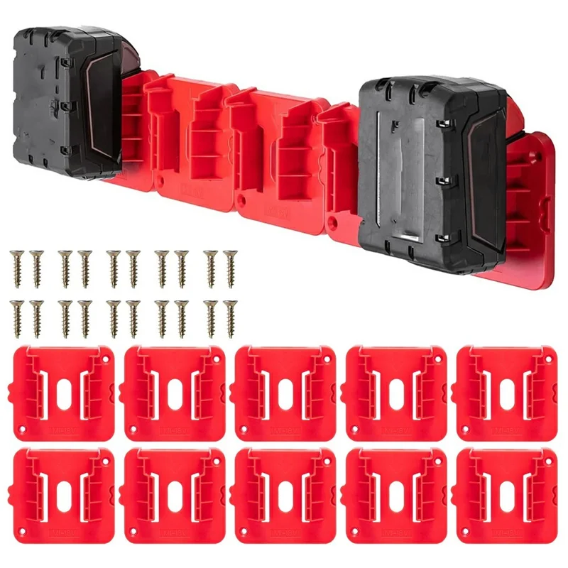 RIS-M-1 10Pcs For Milwaukee M18 18V Battery Holder Shelf Wall Mount Hanger Storage Rack
