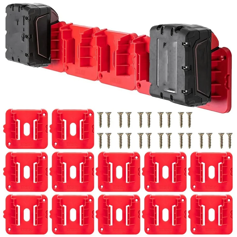 RIS-M-1 12Pcs For Milwaukee M18 18V Battery Holder Shelf Wall Mount Hanger Storage Rack