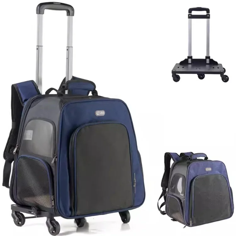 LDLC QS-052 Foldable Trolley Rod Design Pet Bag Breathable Dog Cat Backpack Scalable Outdoor Travel Pet Carrier - Dark Blue