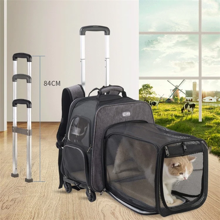 LDLC QS-052 Foldable Trolley Rod Design Pet Bag Breathable Dog Cat Backpack Scalable Outdoor Travel Pet Carrier - Dark Blue