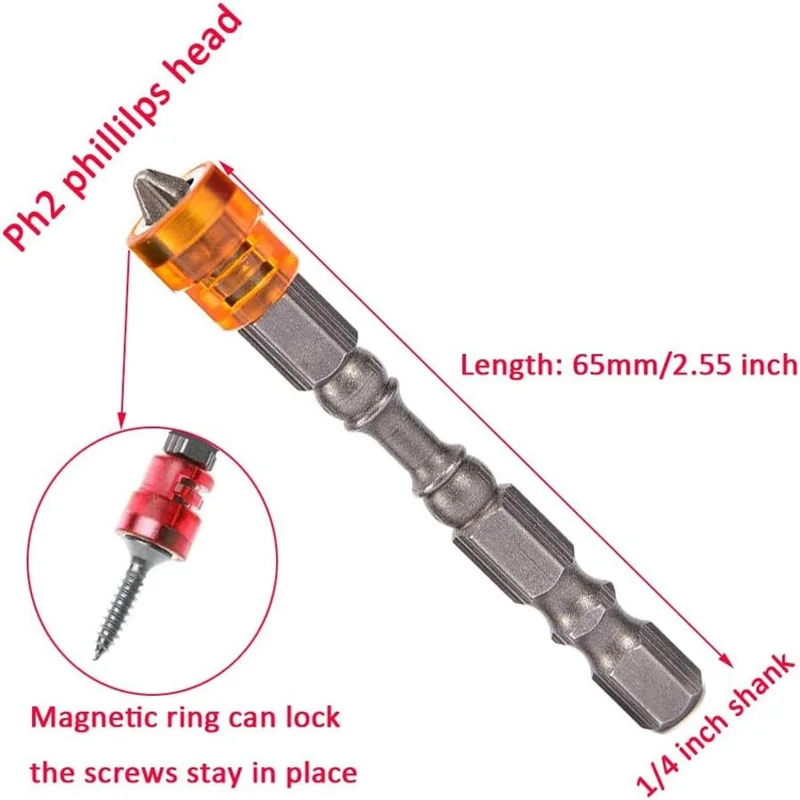 5 PCS Embouts de tournevis magnétiques de 65 mm à tête cruciforme, tige hexagonale standard de 1/4 de pouce
