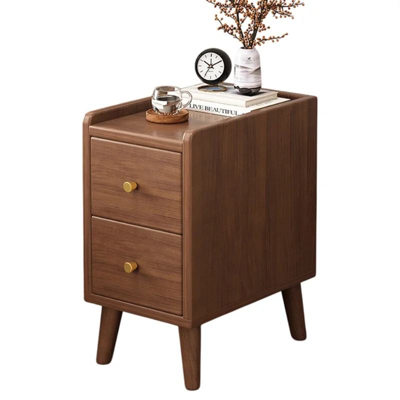 C28 20cm Width Slim Bedside Table for Bedroom Wooden 2 Drawer Nightstand with Metal Handle - Dark Walnut