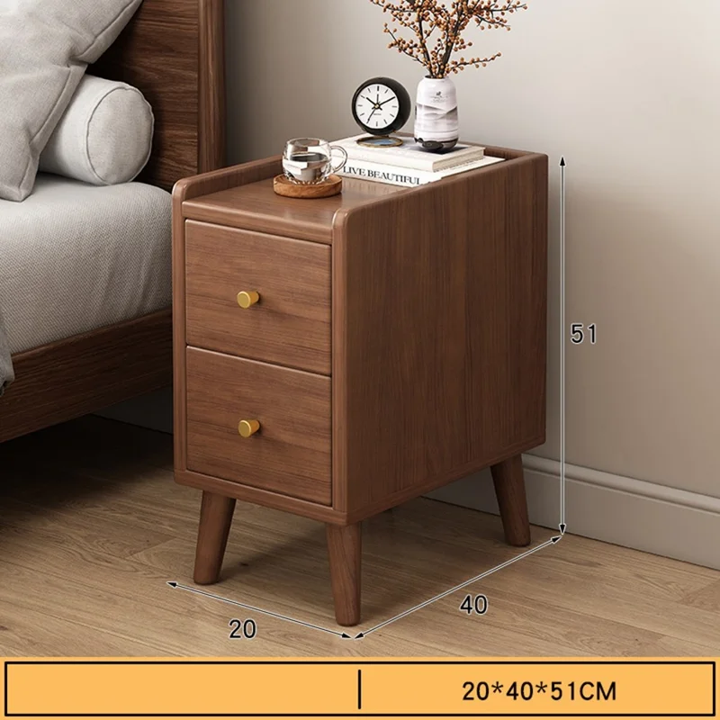 C28 20cm Width Slim Bedside Table for Bedroom Wooden 2 Drawer Nightstand with Metal Handle - Dark Walnut