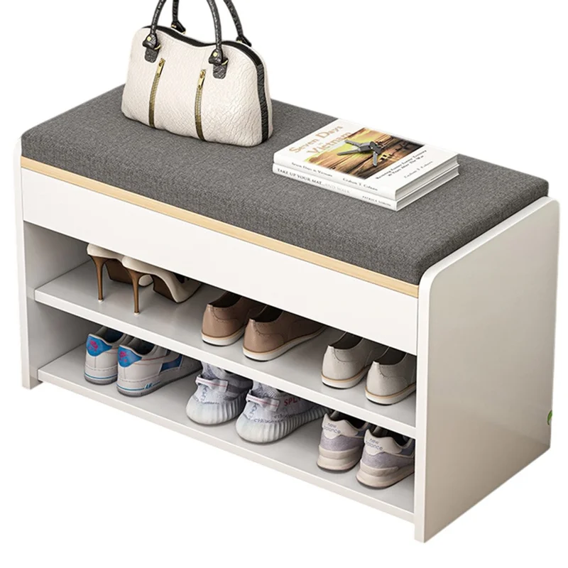 B09 Multifunctional Bench for Entryway Double Layer Shoe Cabinet with Padded Seat, 60cm Width - Warm White