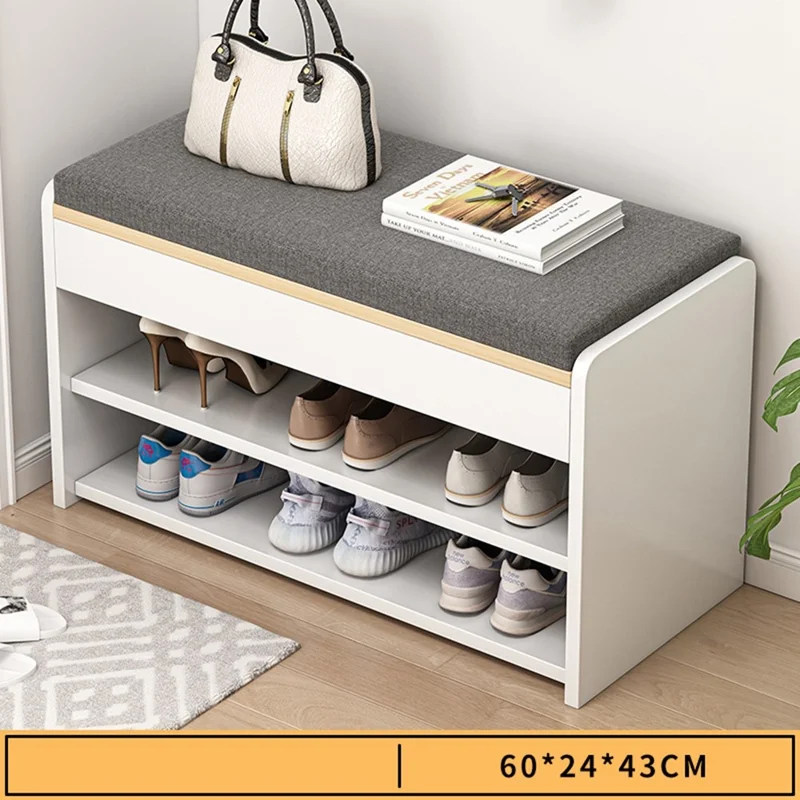 B09 Multifunctional Bench for Entryway Double Layer Shoe Cabinet with Padded Seat, 60cm Width - Warm White