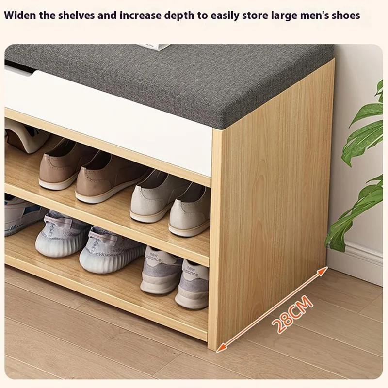B09 Multifunctional Bench for Entryway Double Layer Shoe Cabinet with Padded Seat, 60cm Width - Warm White