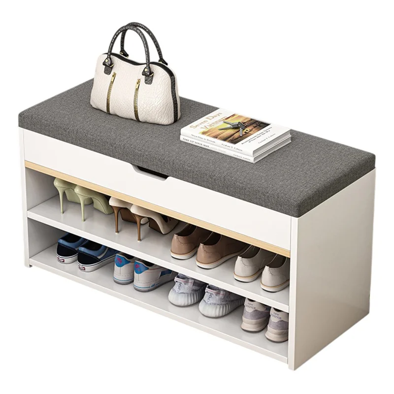 B09 Multifunktionale Klapp-Sitzbank für den Eingangsbereich mit zweischichtigem Schuhregal und gepolstertem Sitz, 80 cm Breite - Warmweiß