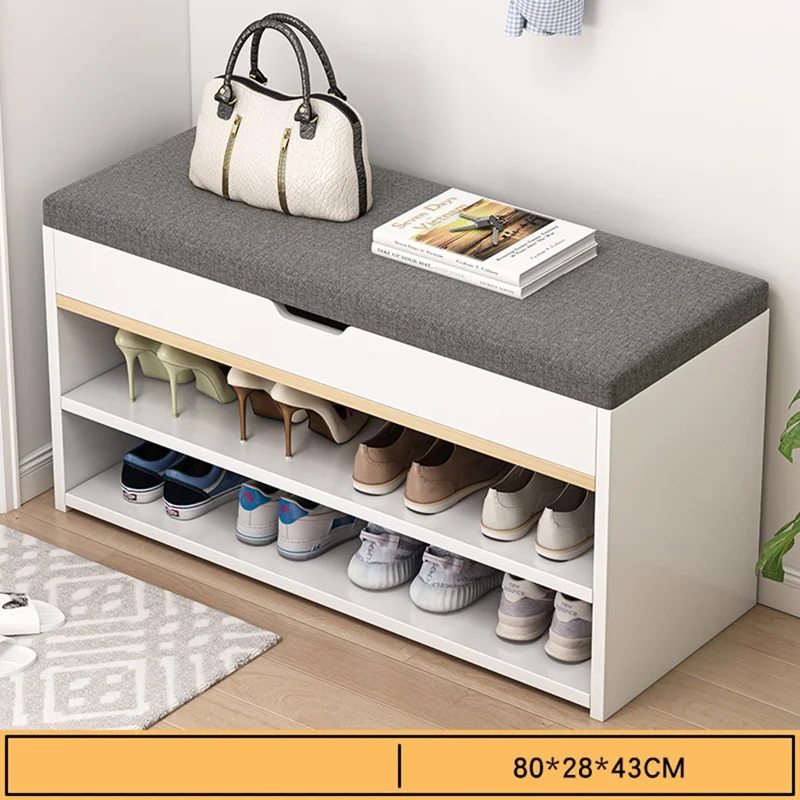 B09 Multifunktionale Klapp-Sitzbank für den Eingangsbereich mit zweischichtigem Schuhregal und gepolstertem Sitz, 80 cm Breite - Warmweiß