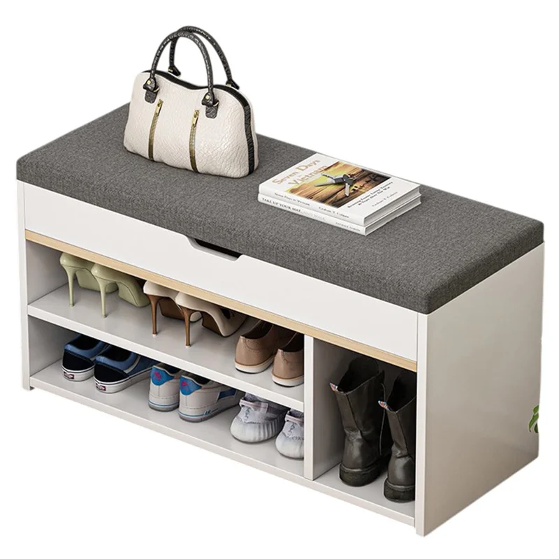 B09 Multifunction Storage Bench for Entryway Flip Top Dual Layer Shoe Cabinet with Boot Compartment, 80cm Width - Warm White
