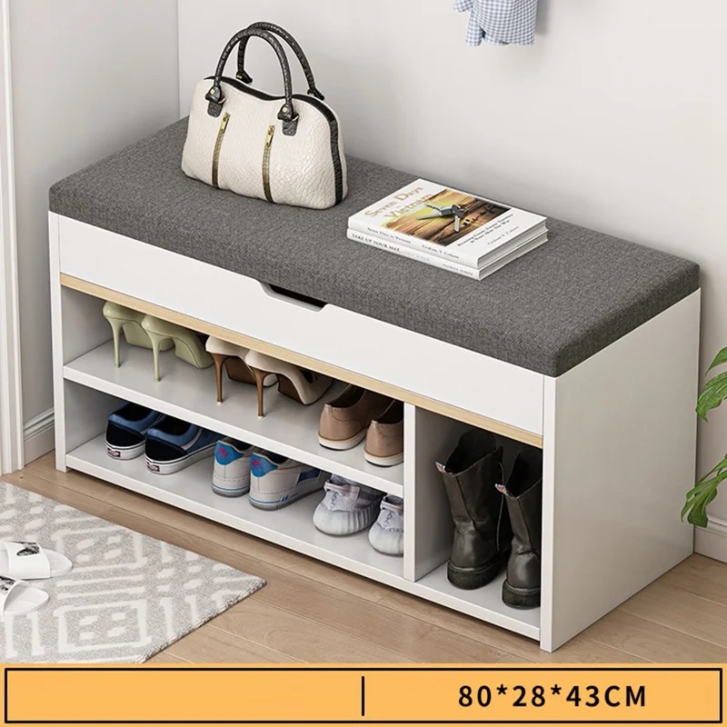 B09 Multifunction Storage Bench for Entryway Flip Top Dual Layer Shoe Cabinet with Boot Compartment, 80cm Width - Warm White