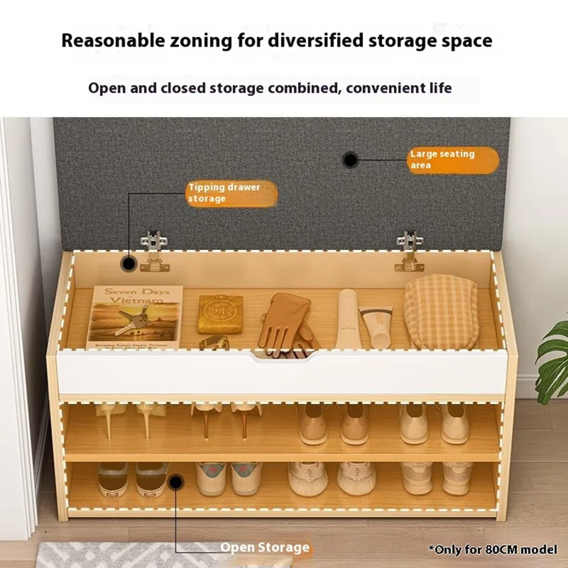 B09 Multifunction Storage Bench for Entryway Flip Top Dual Layer Shoe Cabinet with Boot Compartment, 80cm Width - Warm White