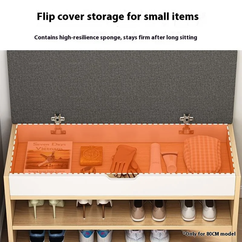 B09 Multifunction Storage Bench for Entryway Flip Top Dual Layer Shoe Cabinet with Boot Compartment, 80cm Width - Warm White