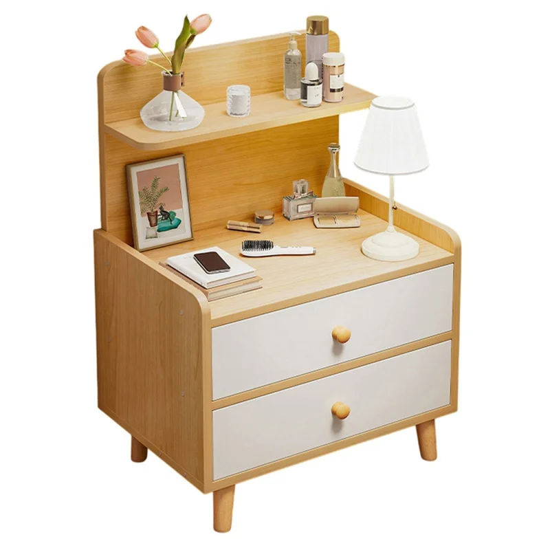 C22 Dual Drawer Bedside Table Wide Storage Cabinet Multipurpose Nightstand, 40 x 32 x 70cm - Light Oak+White