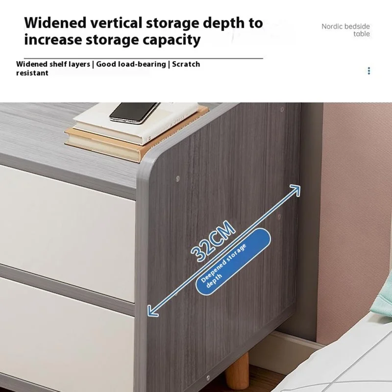 C22 Dual Drawer Bedside Table Wide Storage Cabinet Multipurpose Nightstand, 40 x 32 x 70cm - Light Oak+White