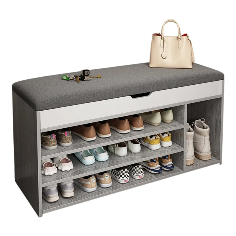 Banco Multifuncional Flip Top para Entrada com Três Camadas, Armário de Sapatos com Compartimento para Botas, Largura 80cm - Cinza