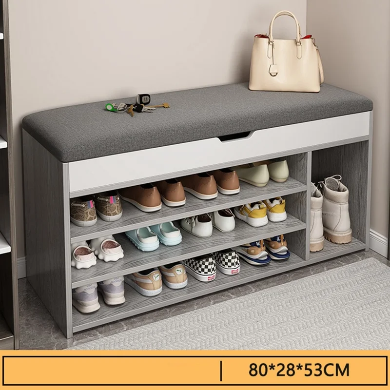 Banco Multifuncional Flip Top para Entrada com Três Camadas, Armário de Sapatos com Compartimento para Botas, Largura 80cm - Cinza