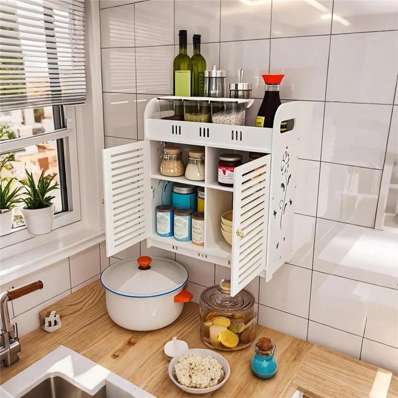 Badezimmer Küche Mehrschichtiges Aufbewahrungsregal aus Holz-Kunststoff-Verbundplatte Wandmontiert Großes Fassungsvermögen Schrank