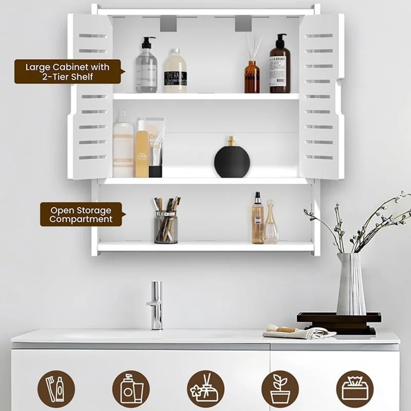 Wood-Plastic Board Bathroom Storage Organizer No Drill Cosmetic Toiletry Wall Mounted Cabinet