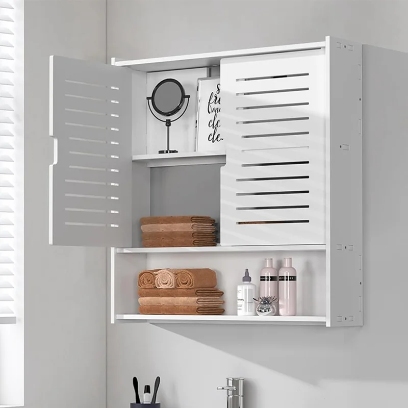 Wood-Plastic Board Bathroom Storage Organizer No Drill Cosmetic Toiletry Wall Mounted Cabinet