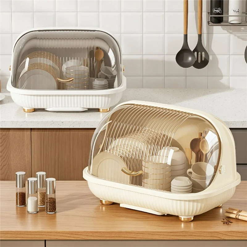 Organizador de Rack de Louça de Cozinha com Tampa Flip, Grande Capacidade, à Prova de Poeira, Bacia de Drenagem, Tamanho Pequeno - Bege